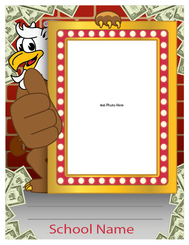 The student spotlight frames are made to recognize student achievements throughout the school for all to see. Simply write in the student name and add an image. They are completely customized with your mascot, school name and any other information you want. Receive the digital files to print your own at 8.5"x11". Or order laminated posters from us at 18"x24" and place an 8.5"x11" image.