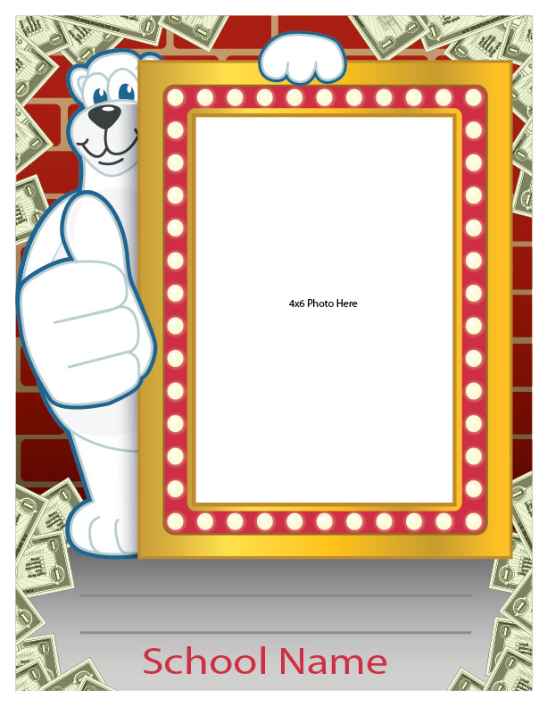 The student spotlight frames are made to recognize student achievements throughout the school for all to see. Simply write in the student name and add an image. They are completely customized with your mascot, school name and any other information you want. Receive the digital files to print your own at 8.5"x11". Or order laminated posters from us at 18"x24" and place an 8.5"x11" image.