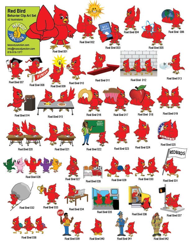 Red Bird Mascot Clip Art Set Behavior PBIS