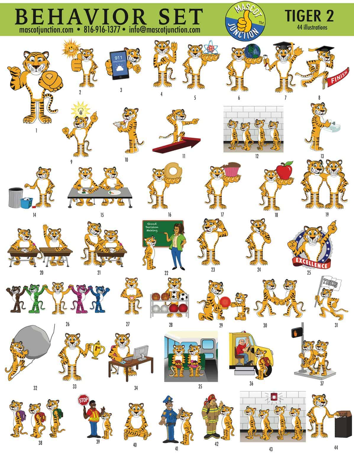 Tiger 2 Behavior Clip Art Set - Mascot Junction