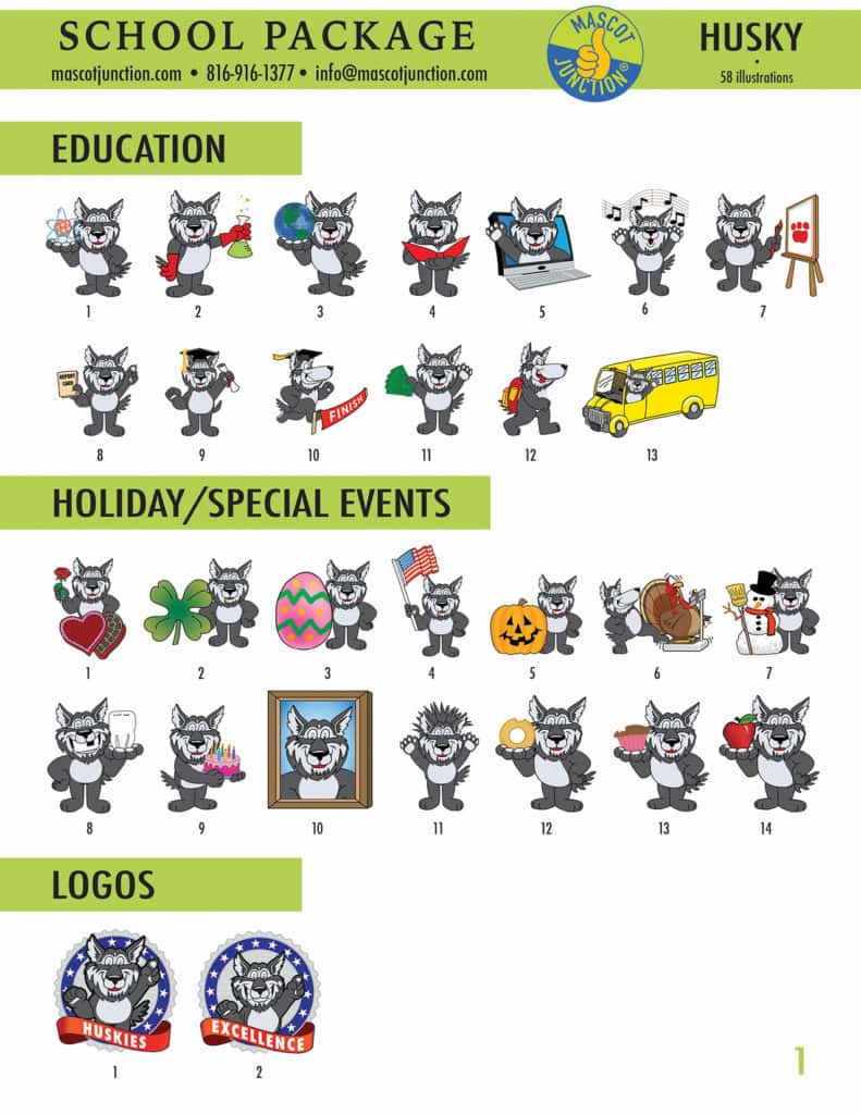 Gray Wolf Mascot Clip Art School Set
